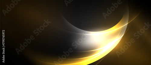 Abstract golden curves flow, creating dynamic light effect. Dark background emphasizes bright central glow, smooth gradients present.