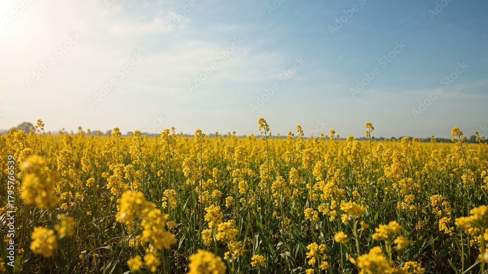 Obraz premium Vast yellow rapeseed field under blue sky with some clouds, on a sunny day
