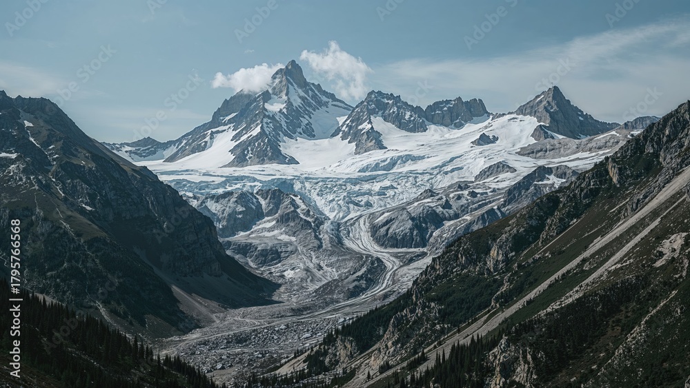 Fototapeta premium Snow-capped mountains and glaciers in a rugged alpine landscape. Majestic peaks and icy terrain in a remote mountain range. The scene of high-altitude glacial valleys and rugged terrain.