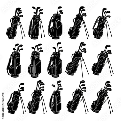 Collection of black silhouette golf bags with clubs