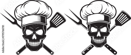 Two skulls wearing chef hats with utensils silhouette