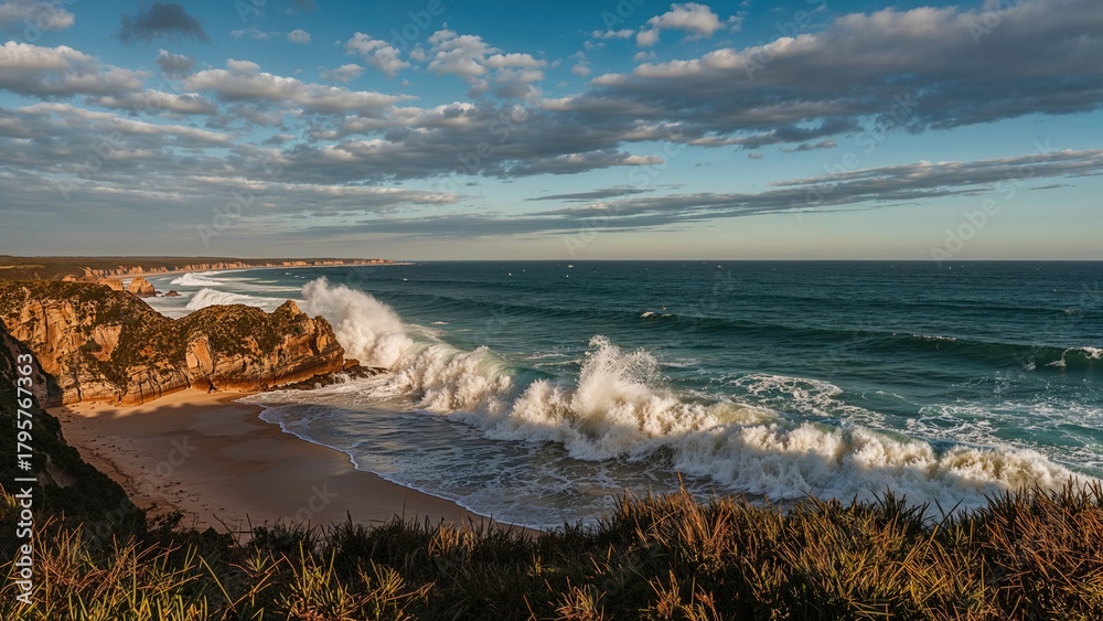 Obraz premium Coastal cliffs and waves crashing onto the beach with clouds in the sky. Nature and landscape, ocean scene. The seaside and natural environment.