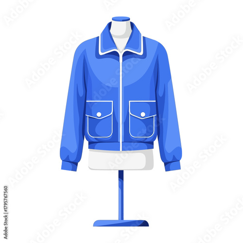A stylish blue bomber jacket with white trim and pocket details, displayed on a mannequin stand, representing contemporary streetwear, casual fashion, and versatile outerwear for a modern look