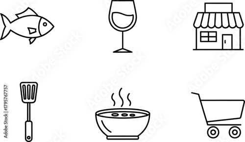 Simple icons representing food, cooking, and shopping for groceries.