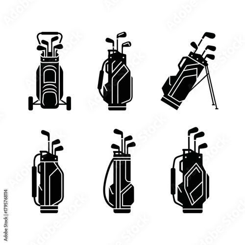 Collection of six black and white vector illustrations of golf bags and clubs, showcasing different styles and orientations, perfect for sports and leisure themes