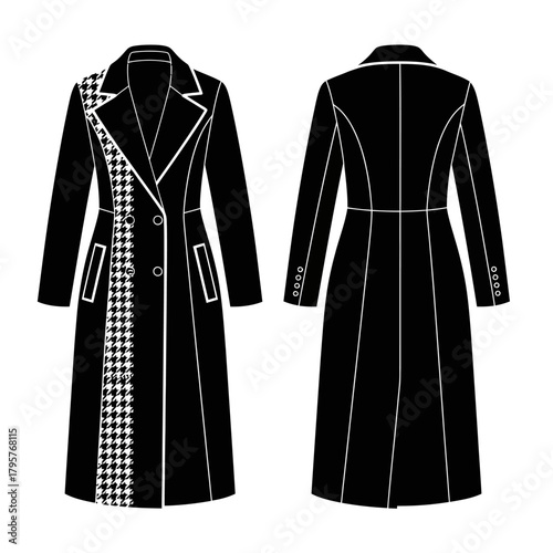Fashionable black womens long coat with a stylish houndstooth pattern accent on the lapel and side, presented from front and back views