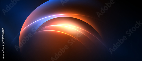 Abstract layers, vibrant colors, orange glow, blue contrast. Smooth curves create dynamic visual impact. Modern design.