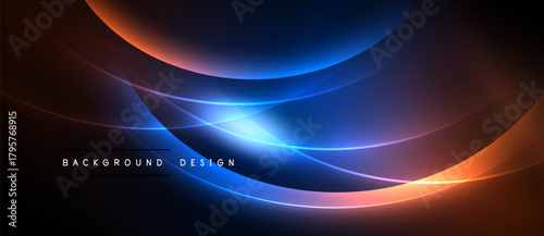 Abstract design features flowing curves, vibrant colors. Blue, orange hues dominate dark background. Modern aesthetic, dynamic composition.