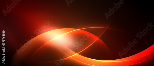 Abstract red design features glowing curves, lines. Bright light source creates dynamic visual effect. Dark background enhances contrast.