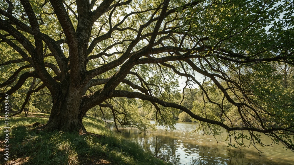 Fototapeta premium Tree and water scene with branches, leaves, and reflections. Nature and landscape. Tranquil outdoor environment with lush greenery and a calm river.