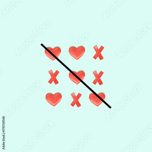 Valentines Tic-tac-toe game on a green background where hearts win over the X symbol. Playful, romantic concept ideal for love, relationships, Valentine’s Day and creative design projects.