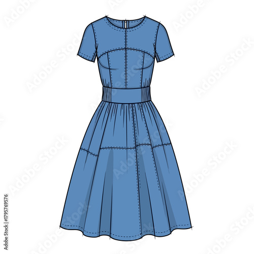 Fashion illustration of a blue midi dress with short sleeves, a cinched waist, and a full skirt, presented as a technical flat drawing with visible stitching details