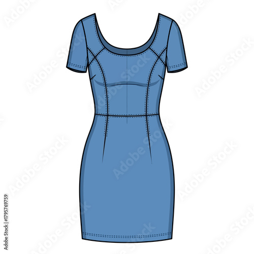 Fashion illustration of a blue sheath dress with short sleeves and a scoop neckline, depicted as a technical flat drawing with precise stitching lines