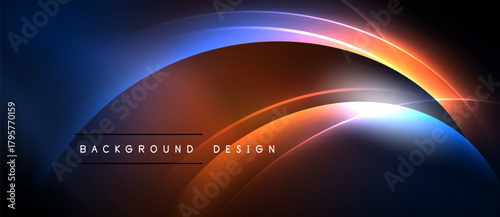 Abstract design features vibrant blue, orange gradients. Curved lines create dynamic visual effect. Text reads background design. Dark backdrop enhances luminosity.