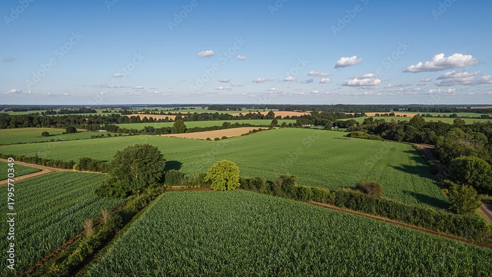 Fototapeta premium Vast agricultural landscape with fields, trees, and blue sky, showcasing rural farming scenery and open countryside.
