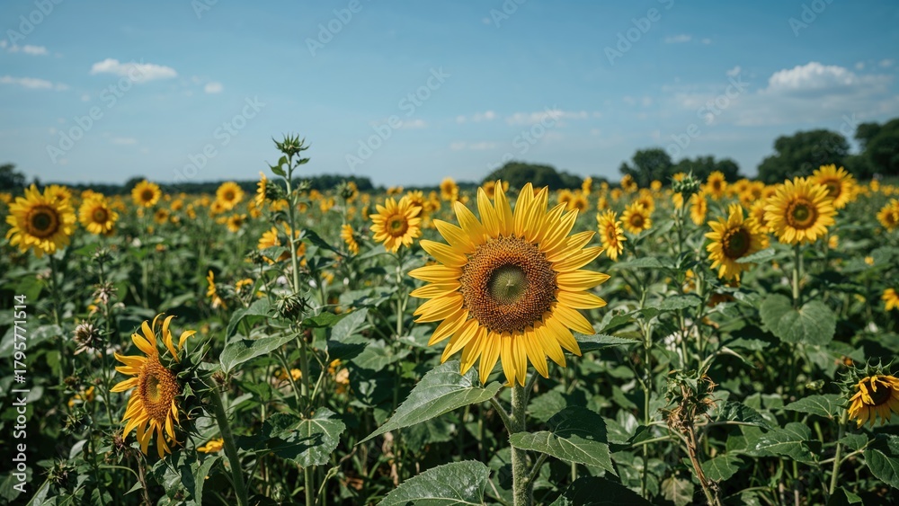Obraz premium Sunflowers in a field under blue sky with clouds. Bright and vibrant flowers. Agriculture and nature, concept. Flower growth and garden. The concept of farming and natural beauty