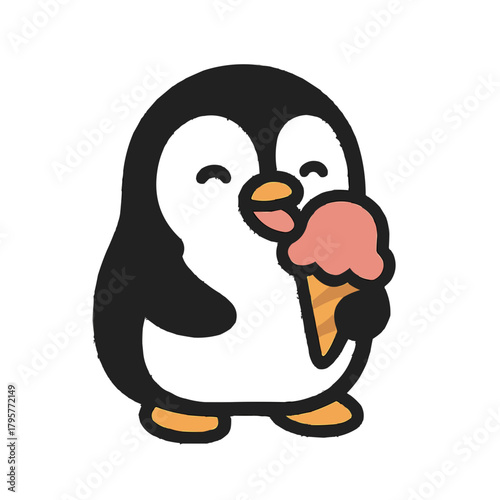 Delightful penguin enjoying a tasty ice cream cone, a charming illustration perfect for children's books, posters, and playful designs with summery vibes