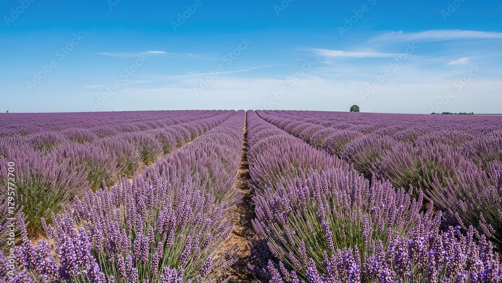 Fototapeta premium A vast lavender field in full bloom under a blue sky with a few clouds, featuring neatly arranged rows of purple lavender plants stretched into the distance.