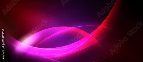 Abstract vibrant curves, flowing shapes, dark background. Pink, purple, red hues create dynamic visual effect. Smooth gradients present energy.