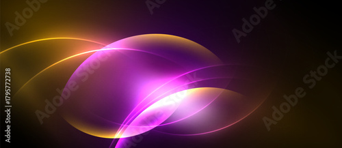 Abstract glowing shapes overlap, creating vibrant light effects. Warm colors dominate, contrasting with dark background.