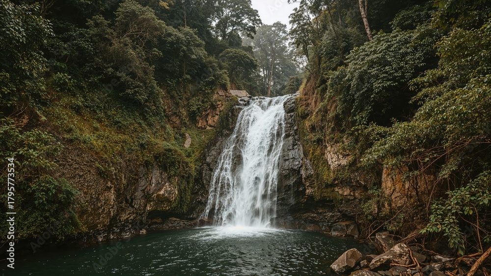 Fototapeta premium Waterfall flowing into a pool with lush greenery and forest surroundings. Nature scenery, tranquil environment, and outdoor landscape.