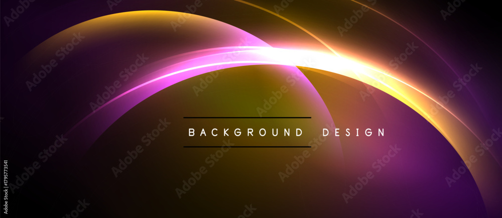 Naklejka premium Abstract glowing lines form curved shapes. Purple, orange, yellow hues blend. Text reads background design. Minimalist, modern aesthetic.