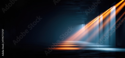 Fototapeta Naklejka Na Ścianę i Meble -  Dark hallway illuminated by vertical light shafts, evoking cinematic tension and futuristic architectural depth.