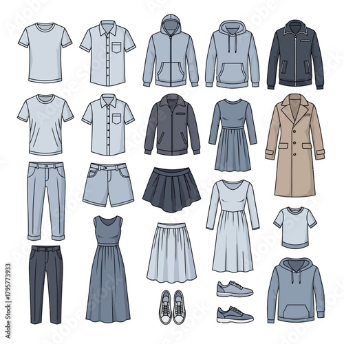 Collection of mens and womens clothing and footwear, including tshirts, shirts, hoodies, jackets, coats, dresses, skirts, shorts, pants, and sneakers, presented in a clean, organized layout on a