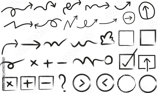 Hand Drawn Black Arrows and Sketch Elements Set in white Background 