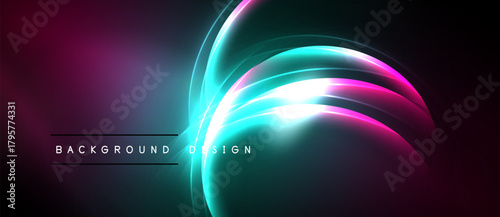 Abstract neon lights create vibrant curves. Dark background emphasizes glowing shapes, modern design element.