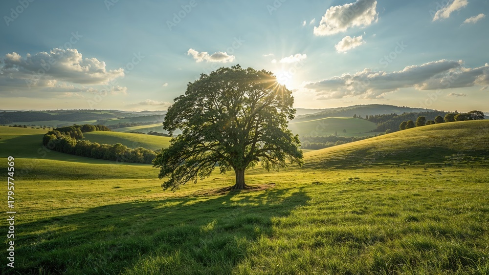 Fototapeta premium A solitary tree in a green field during sunset with rolling hills and a partly cloudy sky.