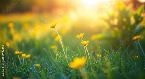 Fototapeta Naklejka Na Ścianę i Meble -  Vibrant yellow wildflowers in a lush green meadow bathed in warm, golden sunlight during a beautiful spring or summer morning