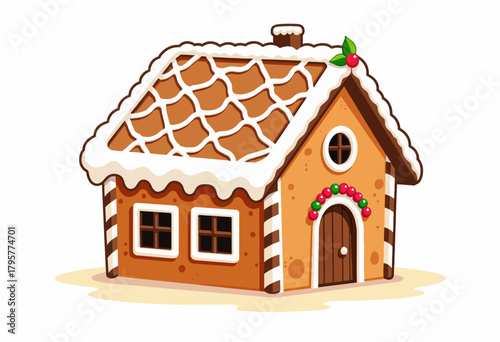 Charming Gingerbread House with Icing Roof and Decorated Candy Doorway Perfect for Festive Holiday Celebrations and Winter Wonderland Scenes