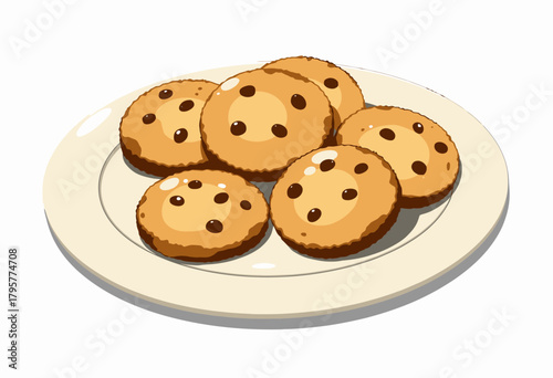 A delicious plate of freshly baked chocolate chip cookies with a golden-brown crust and evenly spread chocolate chips, perfect for a tasty homemade snack