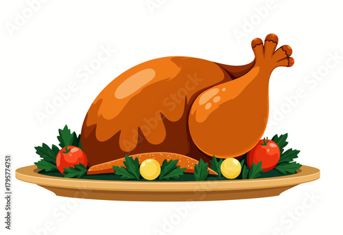 Deliciously Roasted Golden Brown Turkey with Fresh Vegetables on a Wooden Platter Perfect for a Festive Holiday Meal