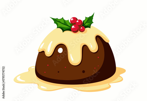 Delicious Festive Pudding Topped with Creamy Sauce and Decorative Holly Berries for a Delightful Holiday Dessert