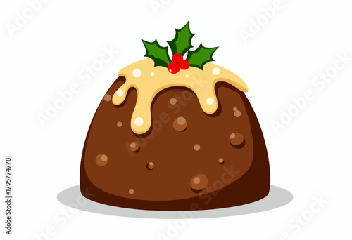 Illustration of a classic Christmas pudding with rich holly decoration and creamy sauce drizzling down sides, embodying festive warmth and traditional holiday flavors