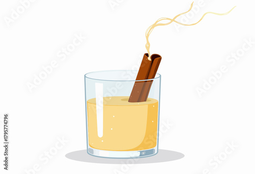 Illustration of a Steaming Glass of Warm Cinnamon Milk with Cinnamon Stick Garnish on a Clean White Background