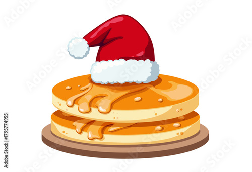 Cheerful Festive Pancakes with Dripping Syrup Topped by a Santa Hat on a Wooden Plate Bringing Holiday Spirit