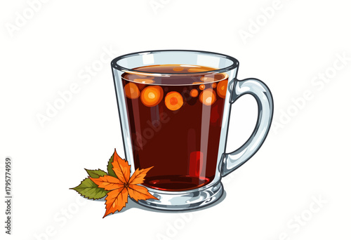 Illustration of a Clear Glass Mug with Warm Autumn Beverage and Vibrant Leaves, Creating a Cozy Seasonal Atmosphere