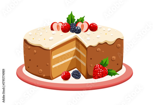 Delicious festive cake with white frosting topped with a variety of fresh berries and decorative green leaves, displaying a slice to reveal layered interior on a red plate.