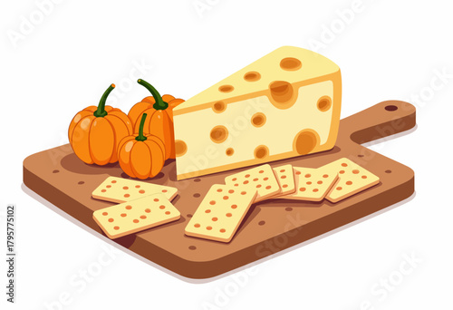 Illustration of a Wooden Cutting Board with Swiss Cheese, Crackers, and Small Pumpkins for a Perfect Autumn Snack Platter