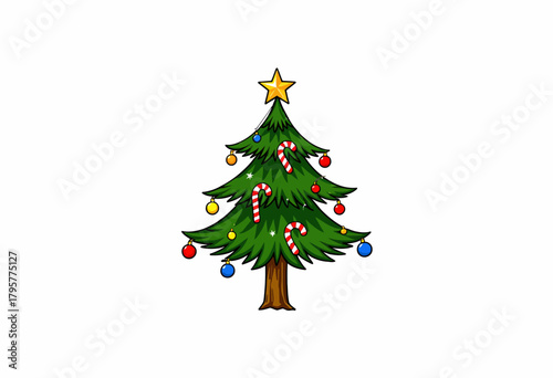 Illustration of a Vibrant Christmas Tree Decorated with Colorful Baubles, Candy Canes, and a Shining Star Topping the Lush Greenery for the Festive Season