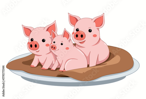 Illustration of Three Cute Cartoon Piglets Sitting Together on a White Plate with a Cozy Brown Blanket for Warmth