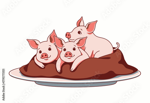 Trio of Adorable Cartoon Piglets Resting on a Cozy Blanket with Playful Expressions in a Whimsical and Heartwarming Illustration