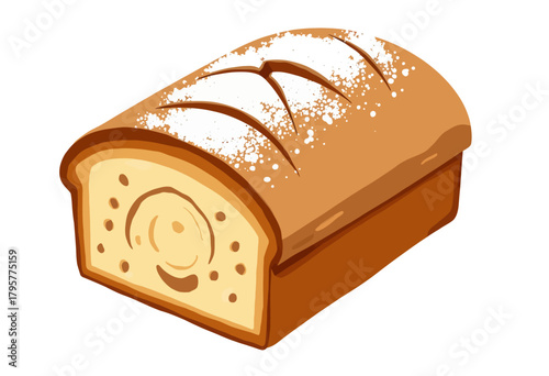 Illustrated depiction of a delicious loaf of bread with a crusty top dusted with flour, showcasing baked texture and inviting aroma