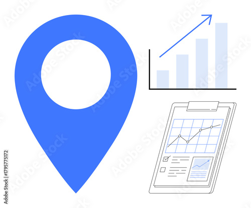 Blue location pin, upward bar chart with an arrow showing growth, and detailed checklist report. Ideal for planning, progress tracking, geographic data, analytics, strategy, logistics navigation