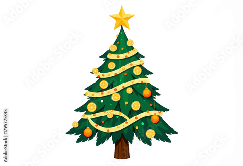 Illustration of a Decorated Christmas Tree with Ornaments, Ribbons, and Star on Top Against White Background