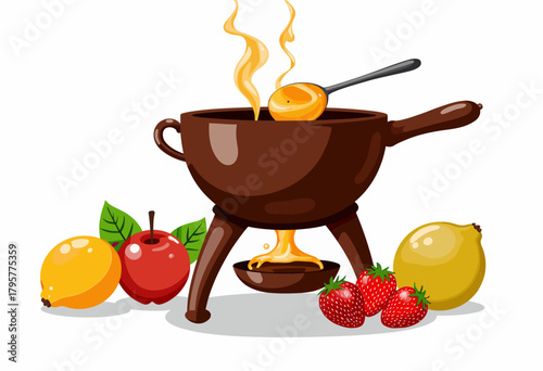 Illustration of a melting pot with steaming fondue surrounded by fresh strawberries, lemon, apple, and fruity ingredients on a white background