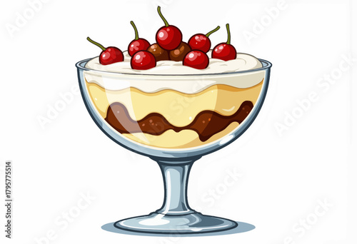 Delicious layered dessert in an elegant glass bowl topped with vibrant red cherries, featuring creamy and chocolatey layers for a sweet indulgence